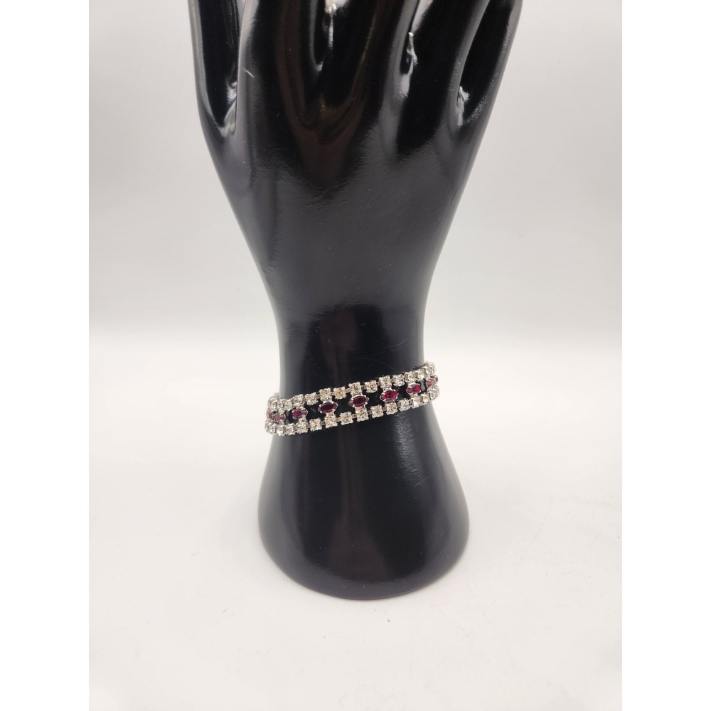 Vintage B David Ruby Red Clear Rhinestone Triple Strand Bracelet Silver Tone 7in